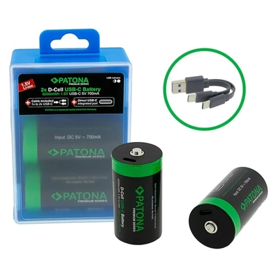 PATONA Premium — 2 акумулятори LR20 Mono D з USB-C та кабелем USB-C (1 до 2)